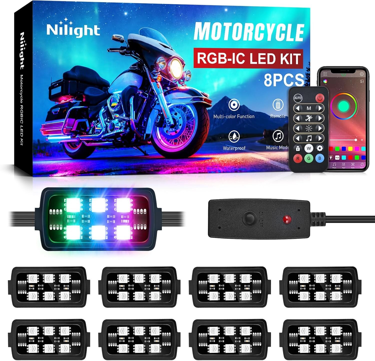 Nilight Motorcycle LED Strip Lights Kit Multicolor Neon Accent Lights 8PCS