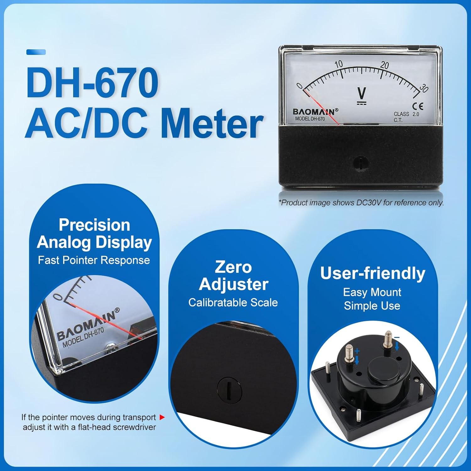 DH-670 30A Analog Panel Ammeter DC 0-30A 75mV External ShuntSize: DC 30A