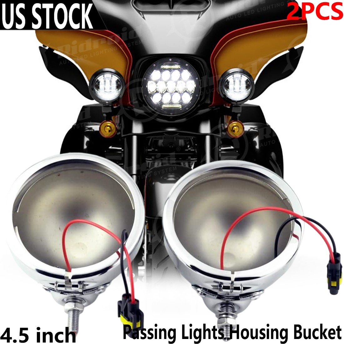 Chrome 4.5″ Inch Fog Light Passing Spot Light Housing SET For Harley Motorcycle