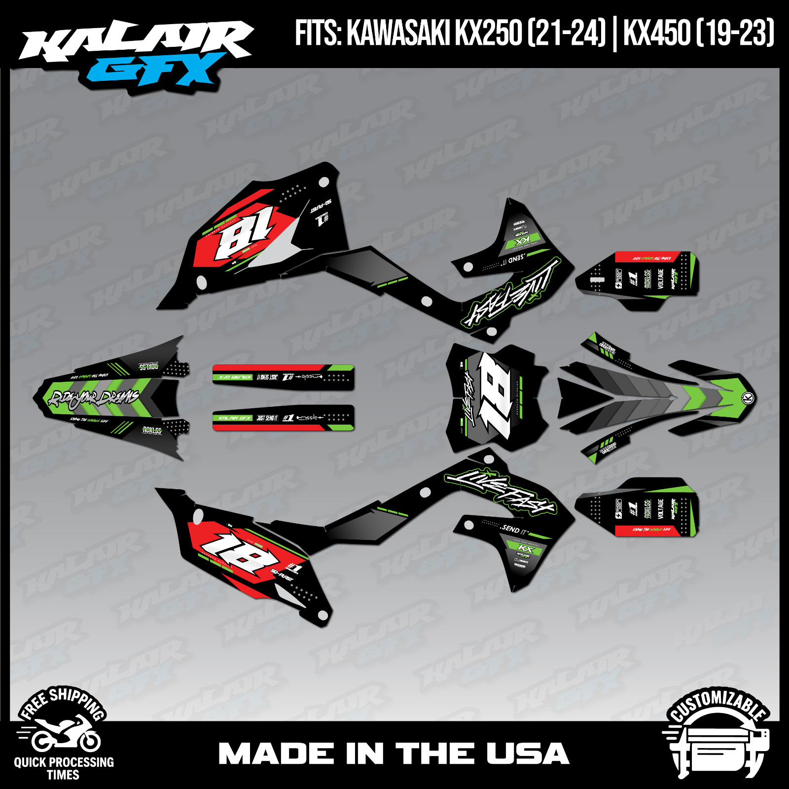 Kalair GFX Graphics Kit for KX450 2019-2023 and KX250 2021-24 Rebel – Red