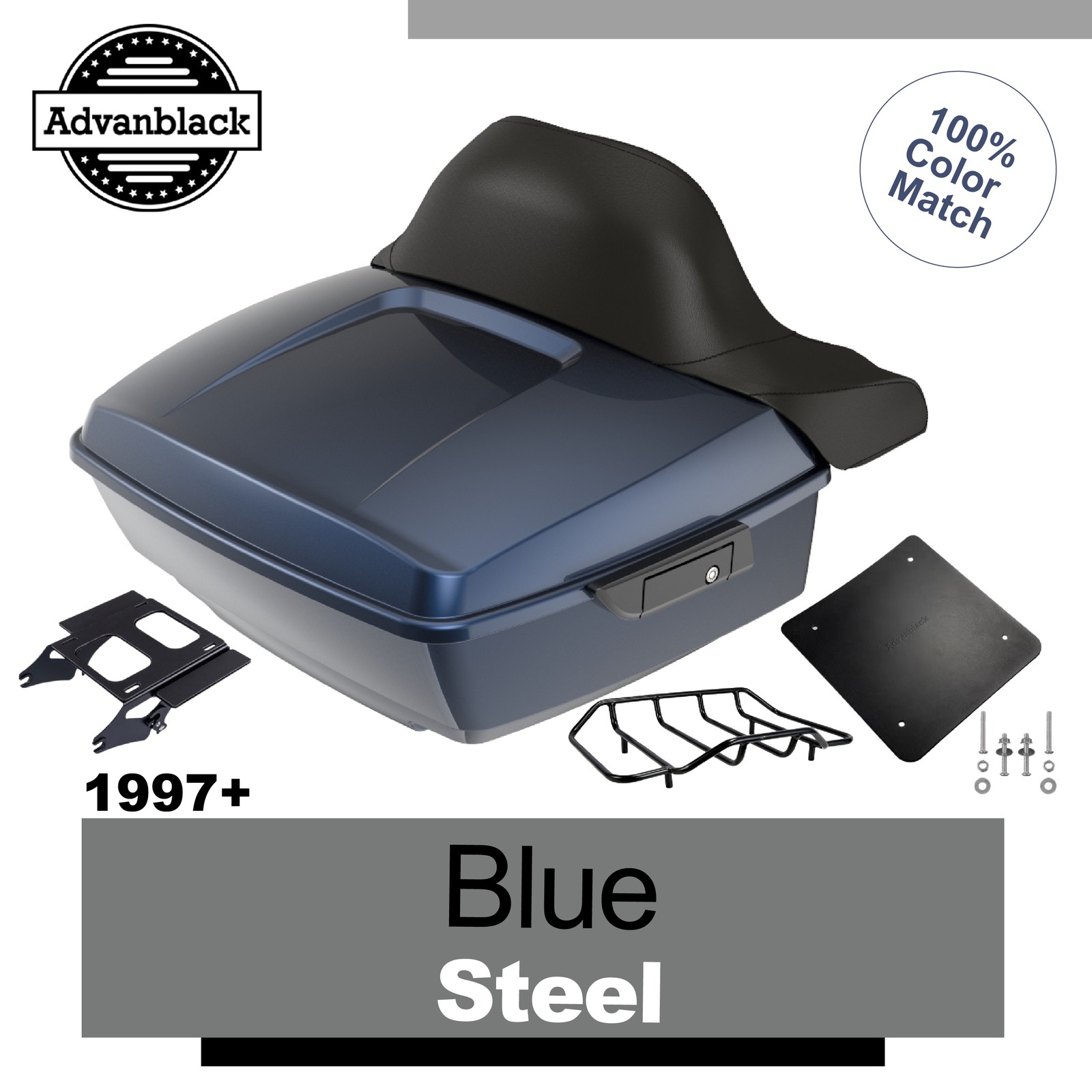 Advanblack Blue Steel King Tour Trunk Luggage For 97+ Harley Street Road King