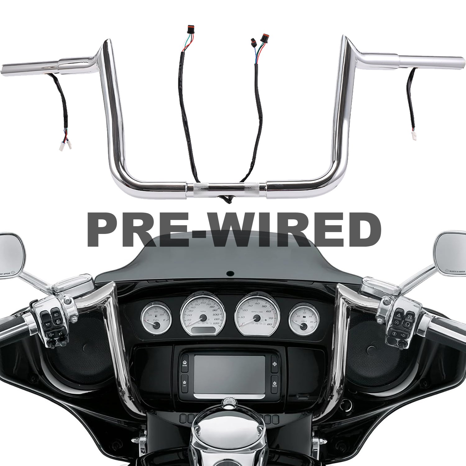 Black Chrome Bar 10″ 12″ 14″ Pre-Wired Handlebar For Harley Street Electra Glide