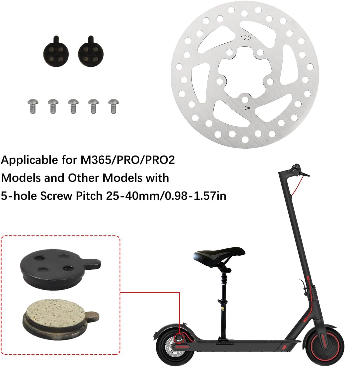 Stainless Steel 120mm Brake Disc and 2 Pads M365/PRO/PRO2 Electric Scooter