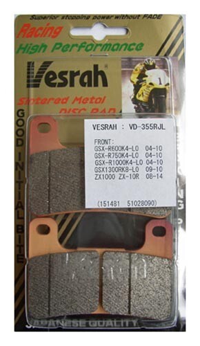VESRAH 355RJL BRAKE PADS SINTERED KAW ZX4RR, ZX10R 08-15, GSXR600, 750, 1K 04-10