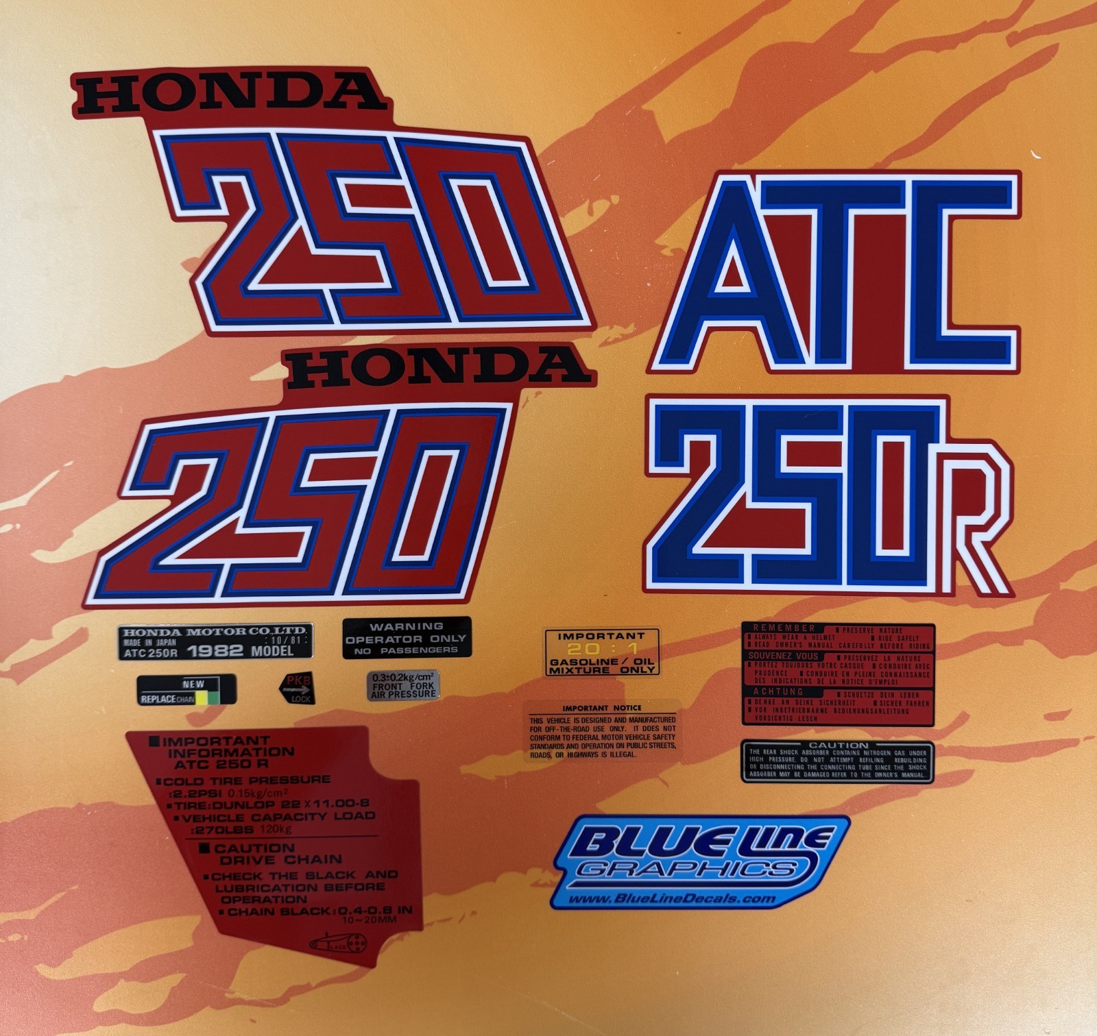 Honda 1982 ATC250R Complete Decal Kit Fenders ATC 250R 250 82