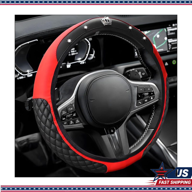 15 Inch Diamond Crown Leather Steering Wheel CoverColor: Red