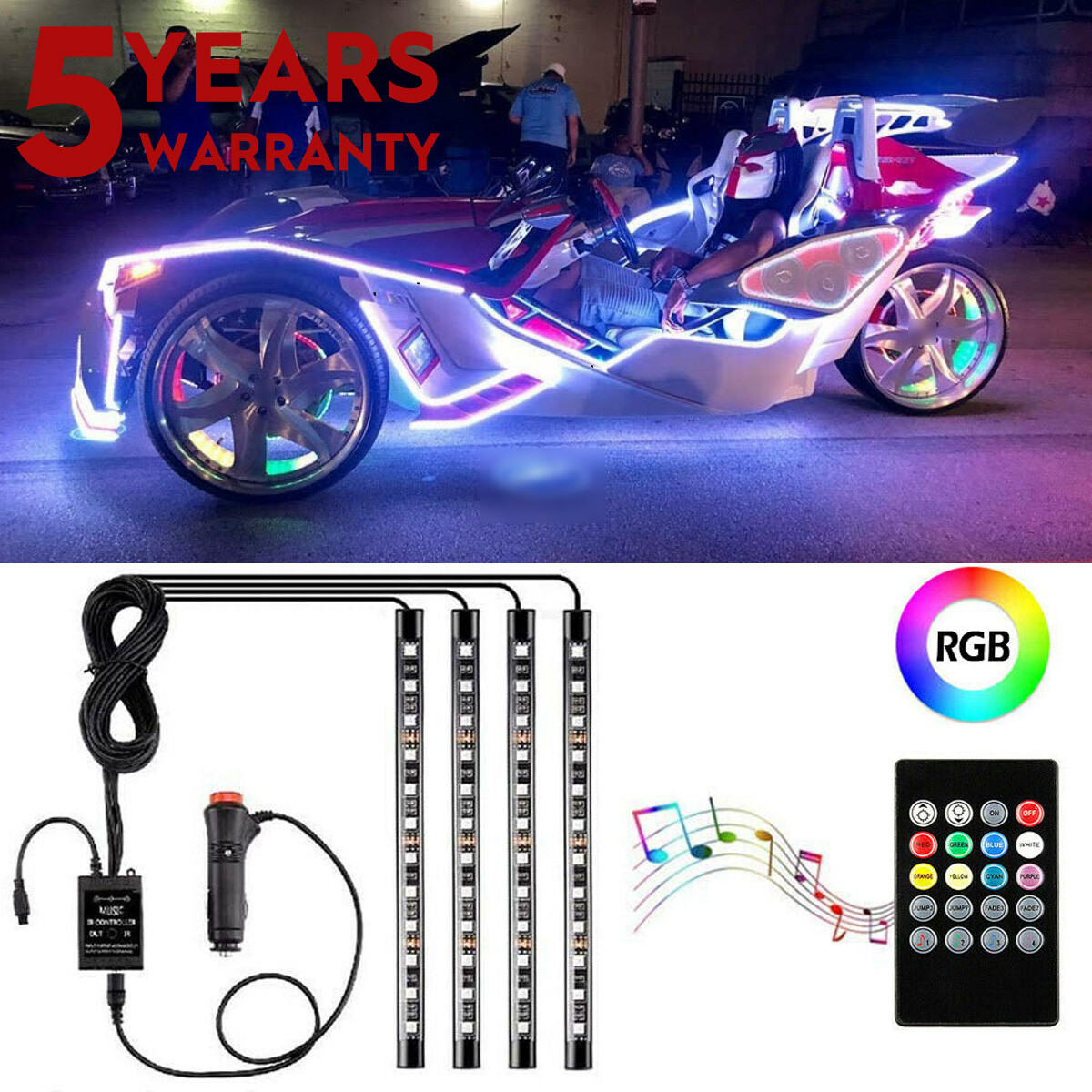 4PC Motorcycle Waterproof RGB LED Strip Light Under Glow Neon Kit Music Control
