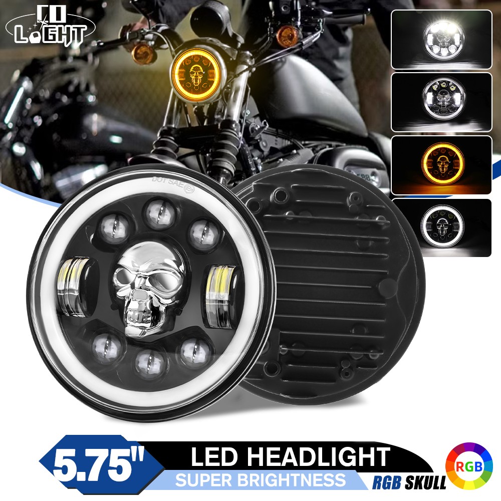 RGB Skull 5-3/4″ 5.75 LED Headlight Hi/Lo Beam for Sportster XL 883 1200 Dyna