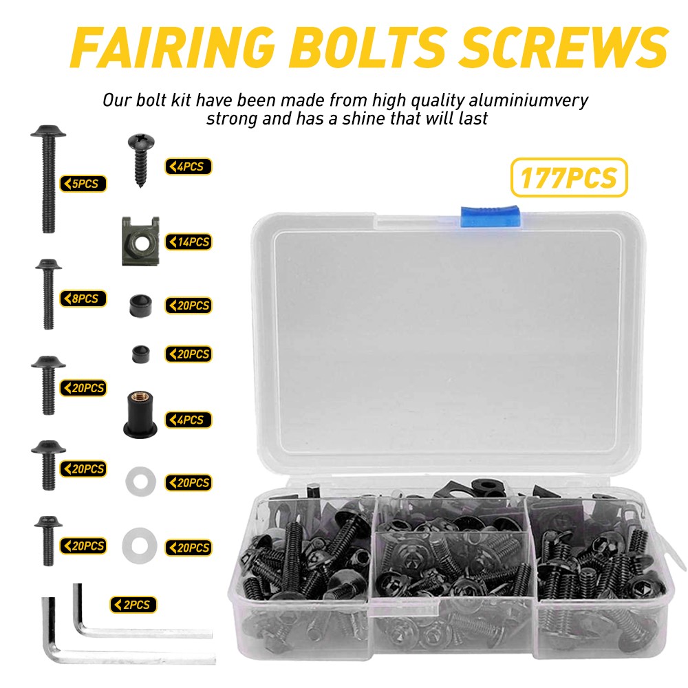 For Honda Suzuki Yamaha Steel Fairing Bolts Bodywork Black Screws 177pcs
