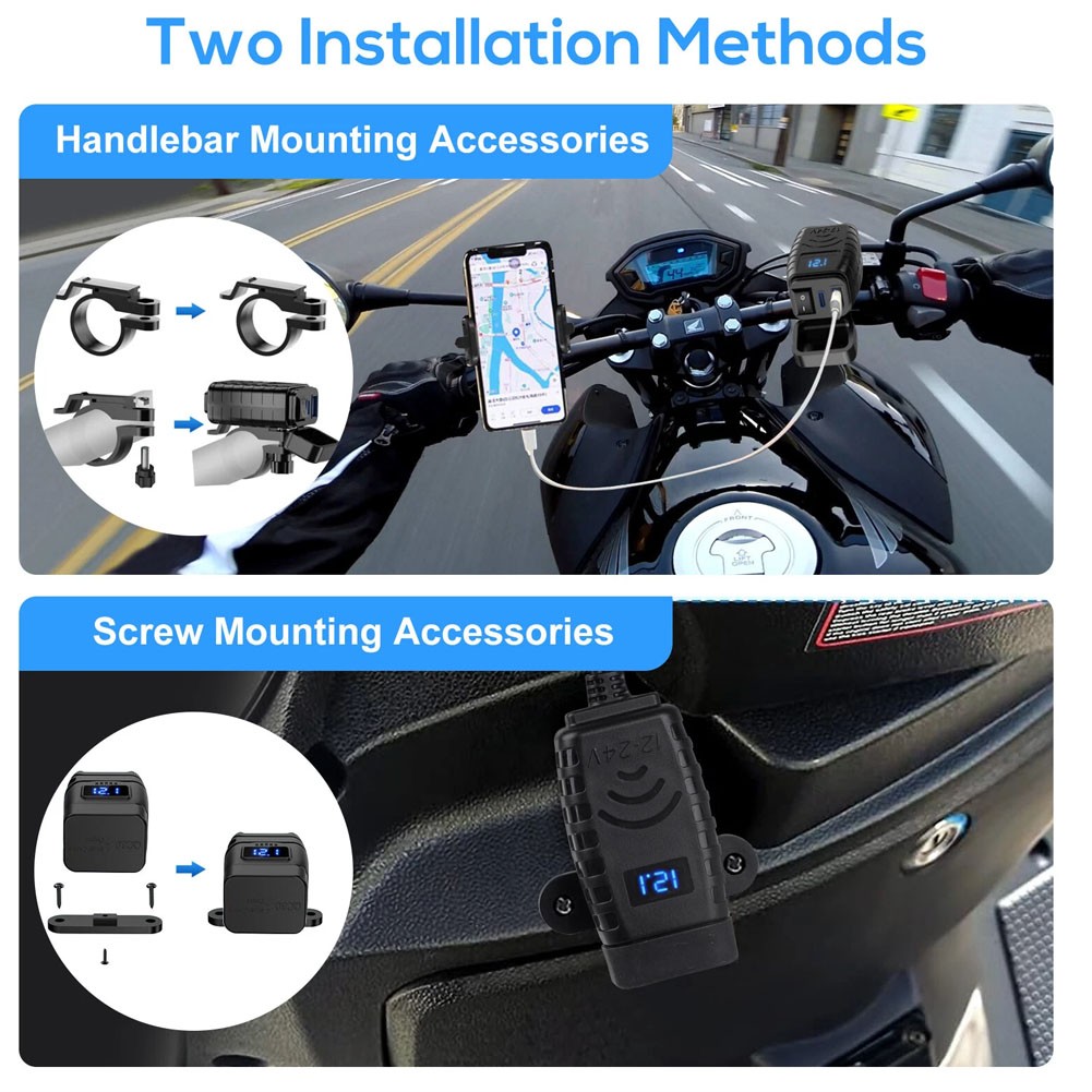 Motorcycle USB Type C Port | 12V Voltmeter QC3.0 Fast Charger for 7/”Handlebar