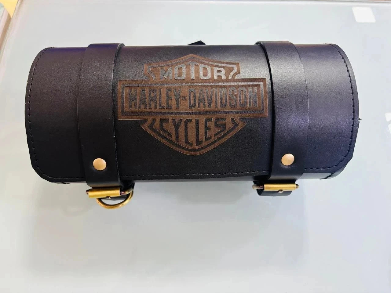 PURE LEATHER TOOL BAG ENGRAVED FIT FOR HARLEY DAVIDSON MOTORCYCLE IN BLACK COLOR
