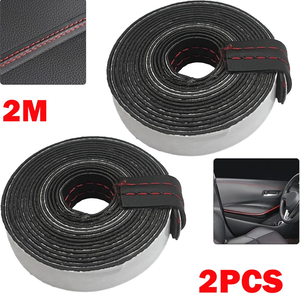 2x Red 2M PU Leather Car Dashboard Decor Strip Sticker Molding Trim Accessories
