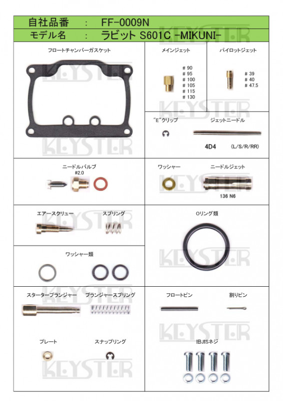 FUJI RABBIT KEYSTER CARBURETOR REBUILD REPAIR AND TUNING KIT 1959 – 1960 601C