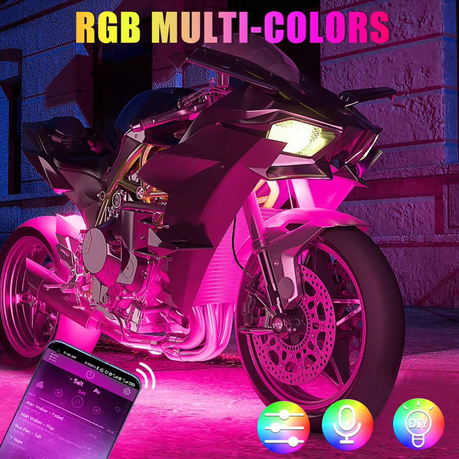 12pcs Motorcycle Underglow Neon Atmosphere Glow Light Strip Kit Control RGB APP