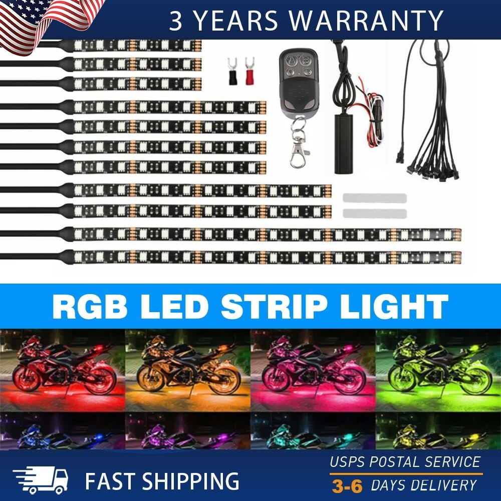 Motorcycle Multi-color RGB Colors LED 15 Strip Music Light Sensor- 12PCS Kit US