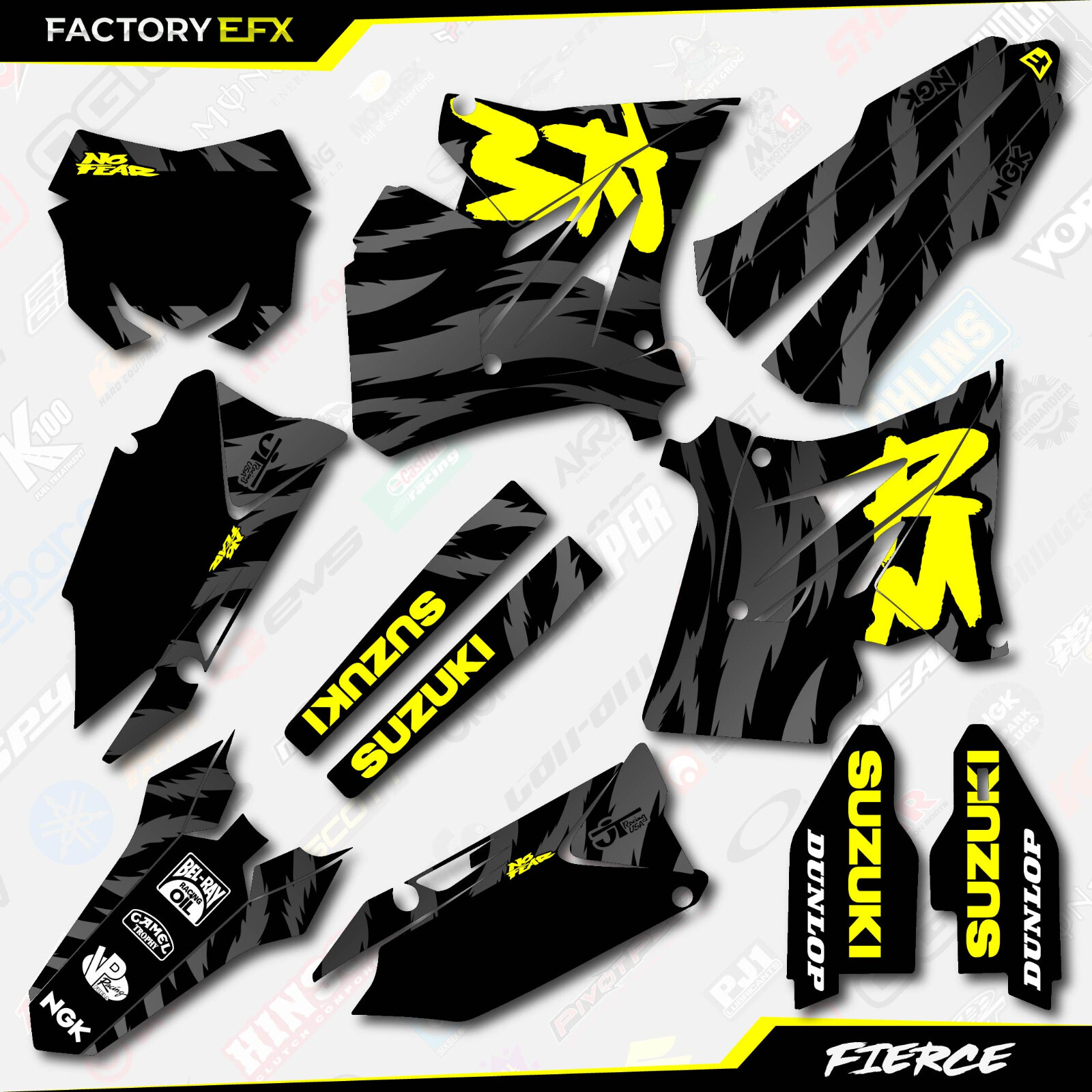 Black Yellow Fierce Restyle Graphics Kit fit 01-08 Suzuki RM125 RM250 RM 125 250