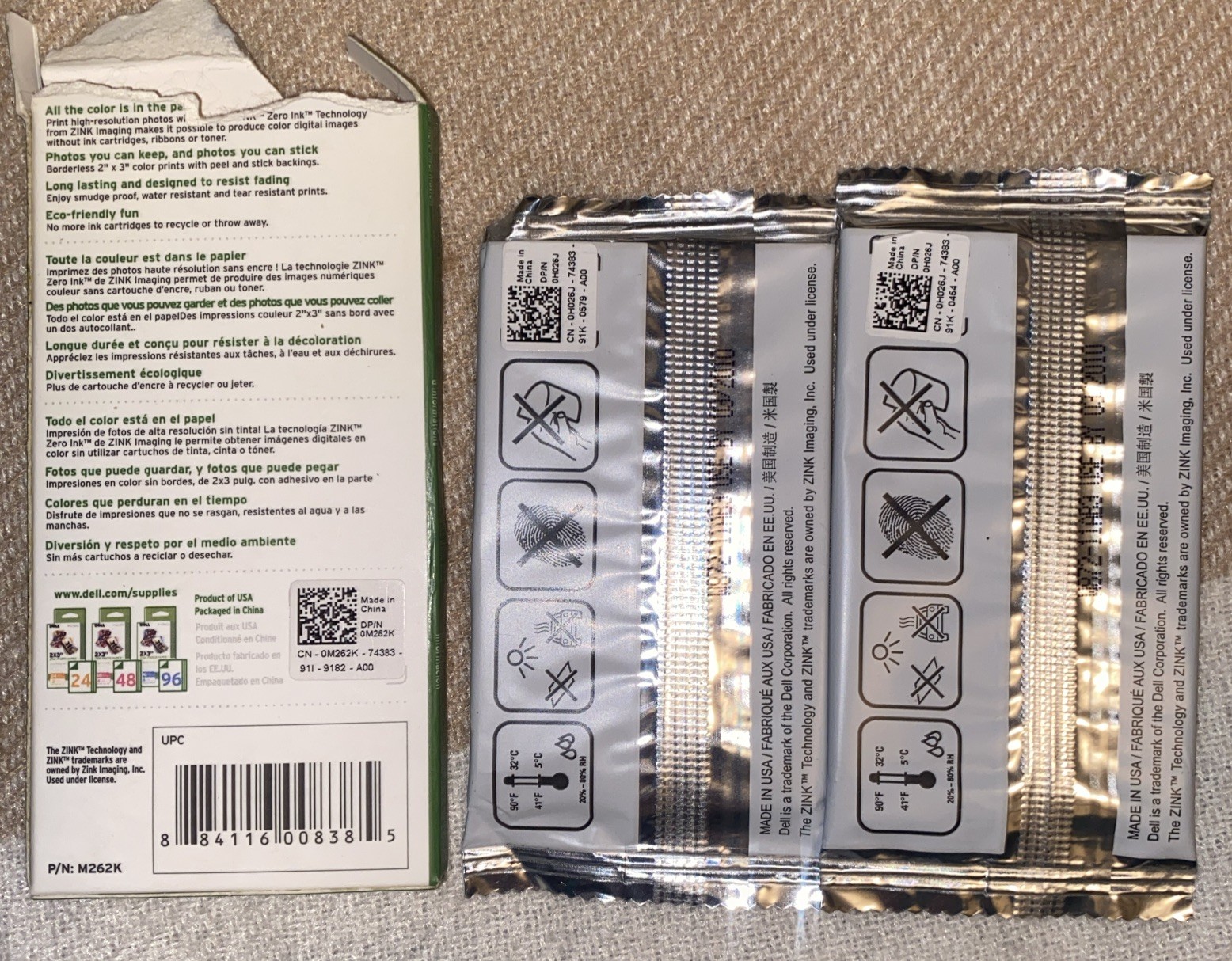 Dell Wasabi P/N: M262K 2×3″ ZINK Photo Paper 48 Sheets NEW! + 24 sheets boxopen