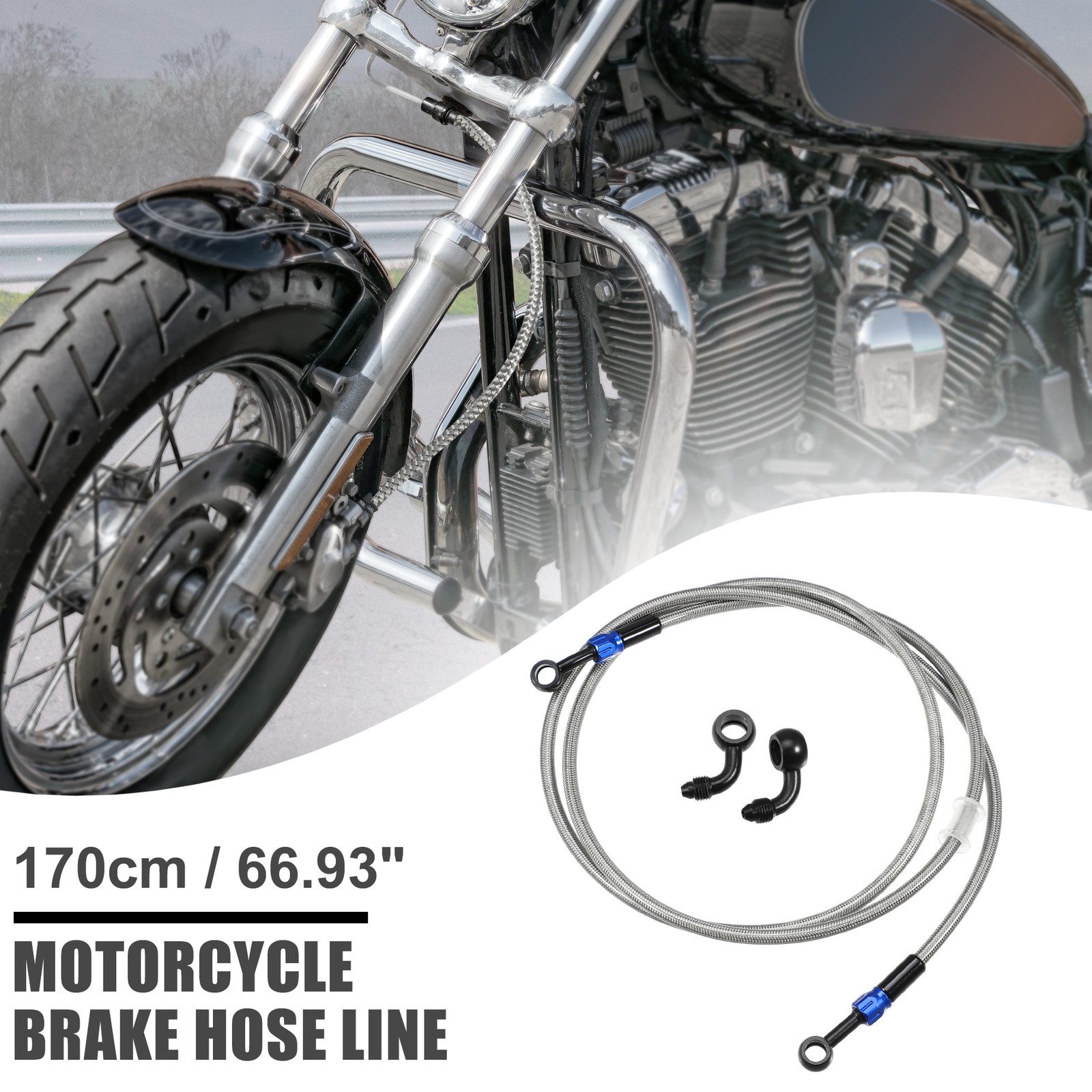 AN3 28 90 Degree Brake Hose Motorcycle Braided Line Tube 170cm Silver Tone
