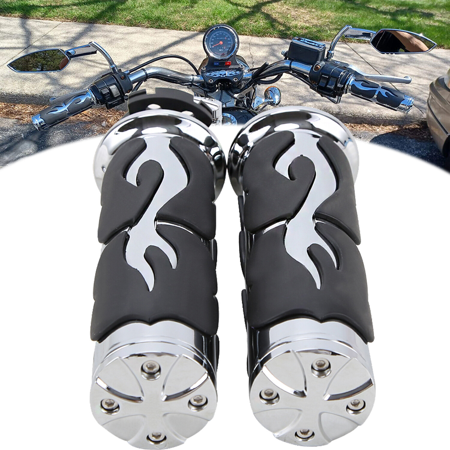 Custom Flame Chrome Hand grip For Universal Motorcycle with 1″ 25mm Handlebar