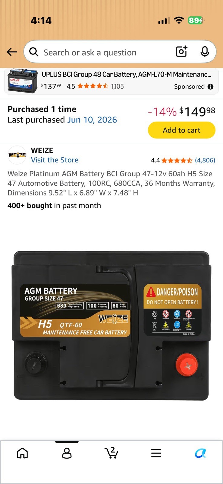 Weize Platinum AGM Battery BCI Group 47-12v 60ah H5 Size 47 Automotive Battery