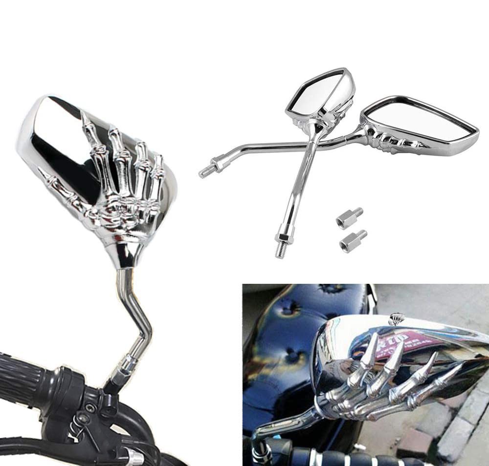 1 Pair of Motorcycle Rear View Mirrors Skull Skeleton Hand 10mm/8mm Screw Thread