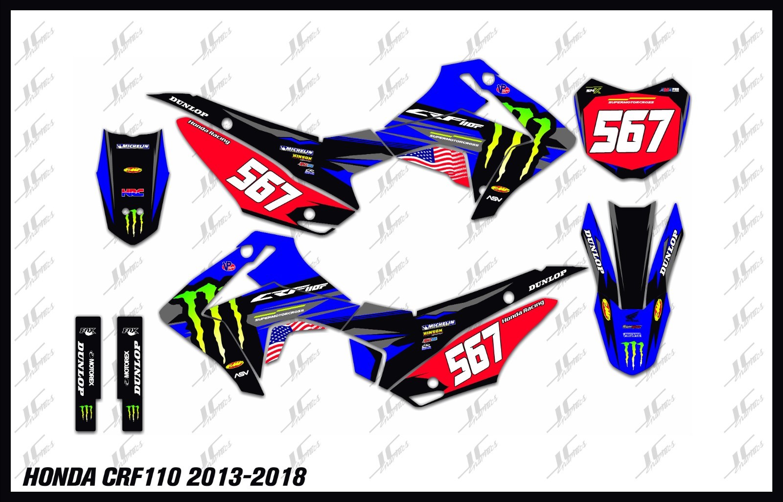 HONDA CRF110 2013-2018 GRAPHICS KIT DECALS THICK AND HIGH GLOSS