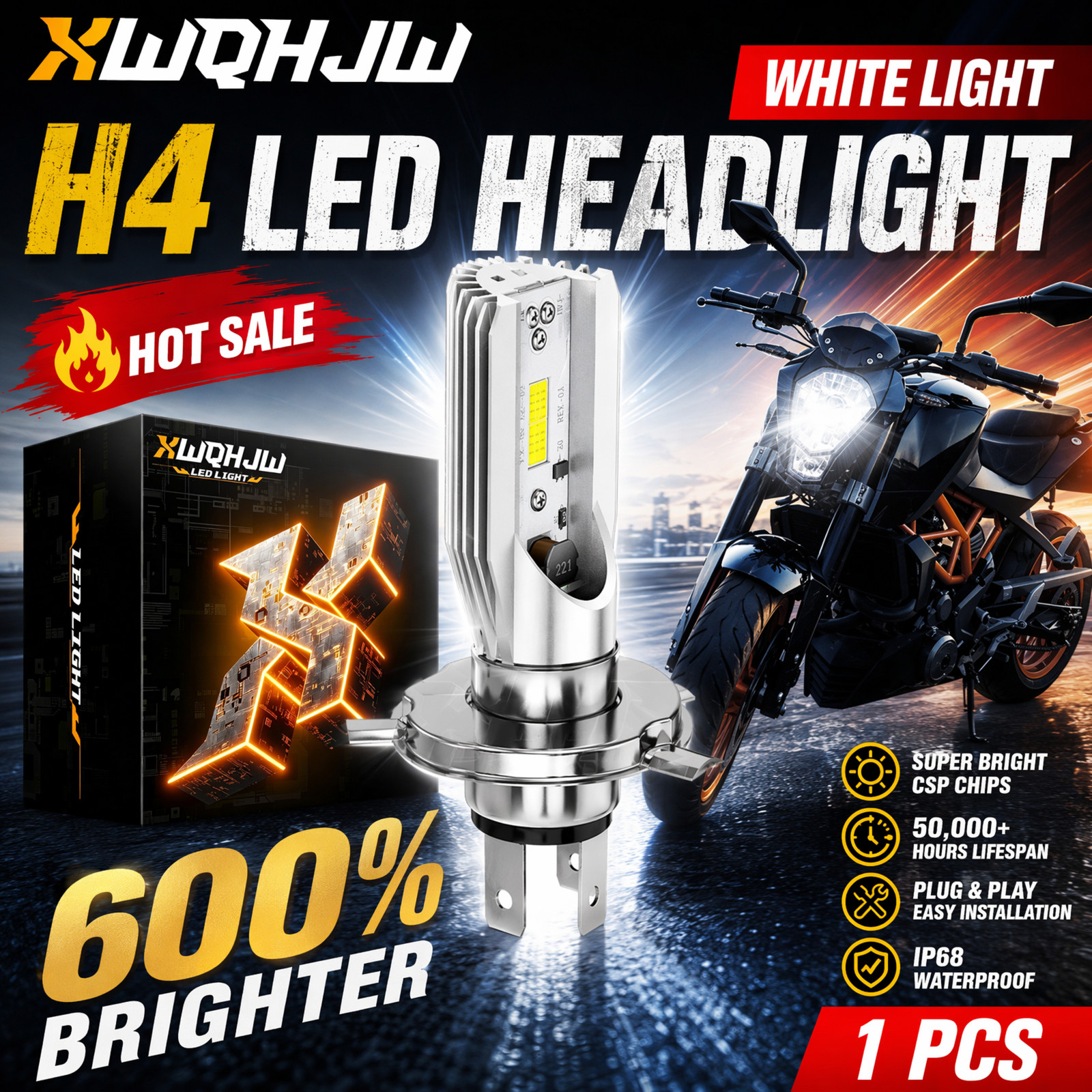 XWQHJW Motorcycle H4 9003 LED Headlight High Low Beam 6000K Bulb 8000LM All-in-1