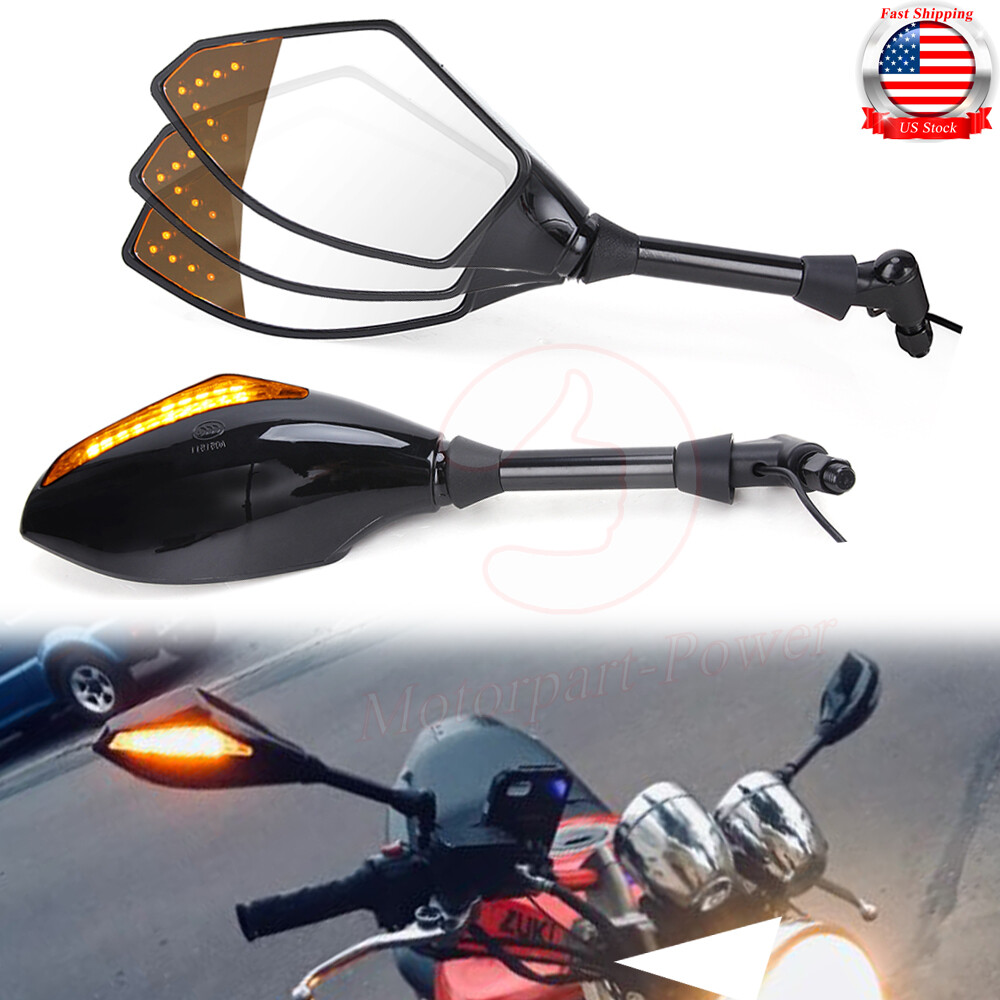 Motorcycle Rearview Side Mirrors w/ LED Turn Signal Blinker Light For Kawasaki