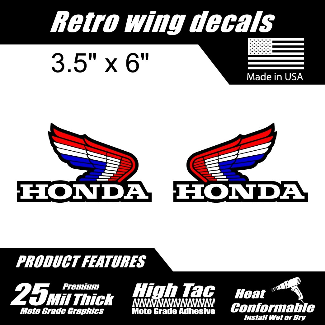 Retro Honda Red White Blue Wing Logo Tank Window Sticker Decals 3.5″ x 6″ qty.2