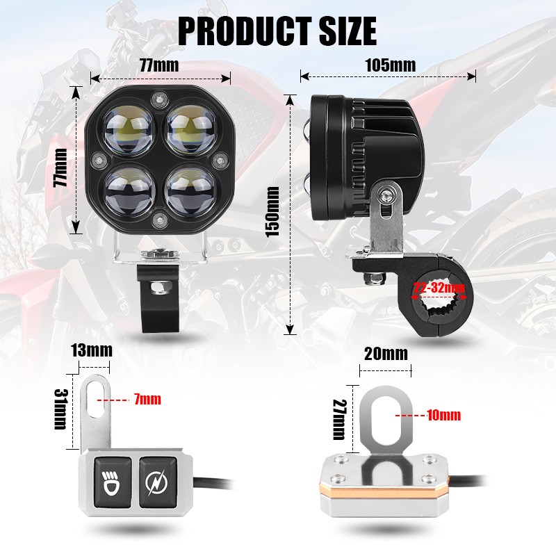 2X 60W 10000LM LED Motorcycle Driving Fog Spot Light Auxiliary Lamp White+Amber