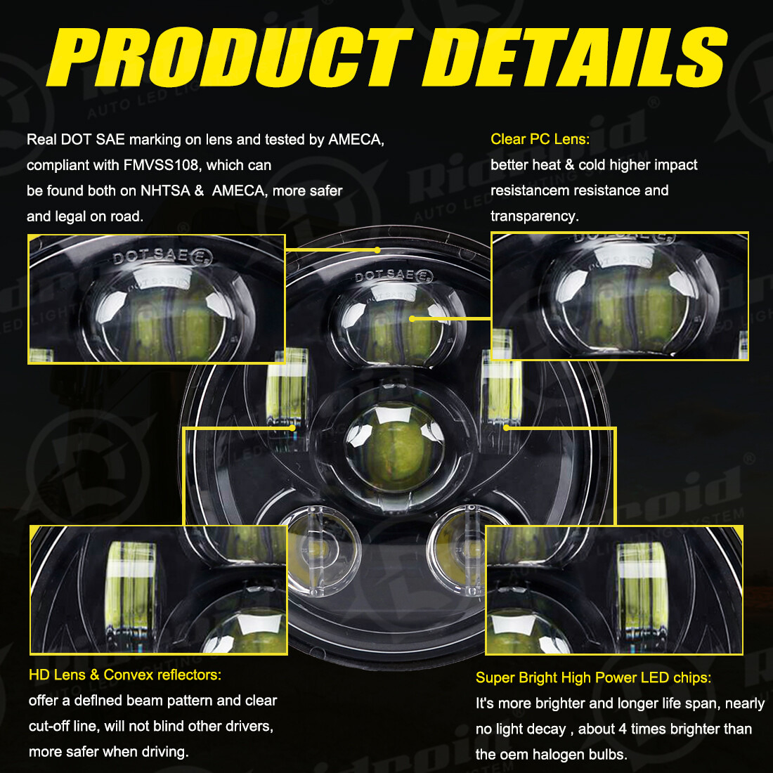 5-3/4″ 5.75 Sealed 80w LED Headlight For Motor Sport Dyna Street Bob Super Wide