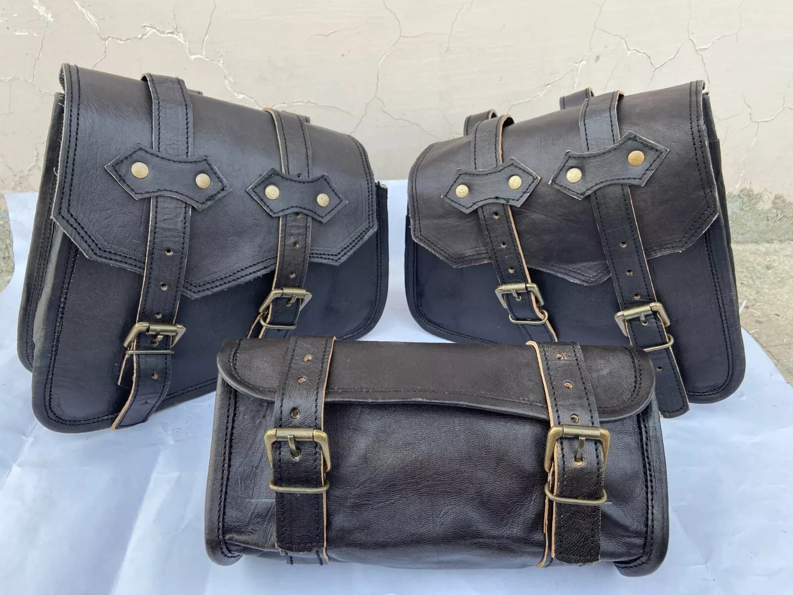 3 Black Goat Leather COMBO Motorcycle Saddle Bag Panniers Tool Pouch Side Bag