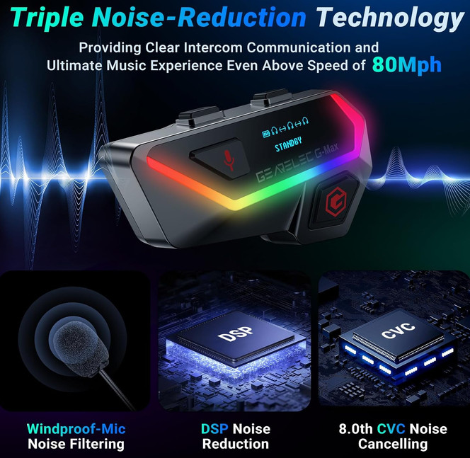 GEARELEC G-Max Bluetooth Helmet Intercom 2 Units USB-C Mic Mount Bundle