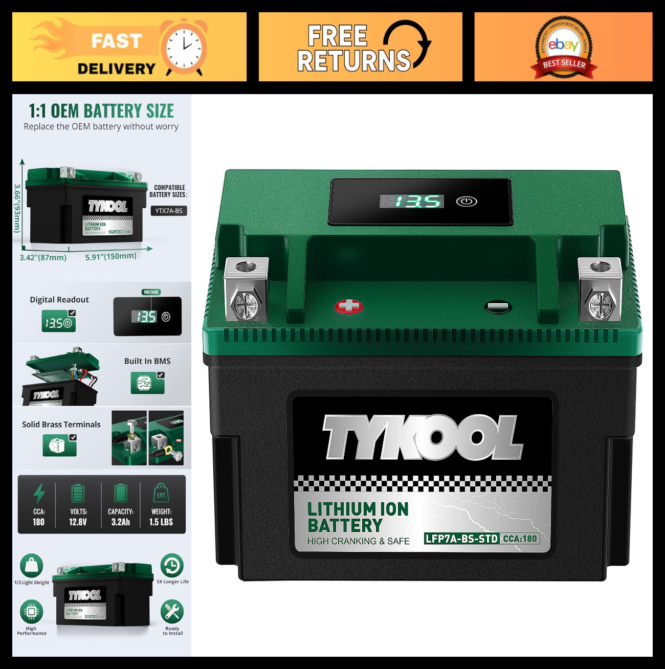 Lithium Motorcycle Battery 180CCA 3.2Ah, Replaces YTX7A-BS, Fits ATV Scooter Mop