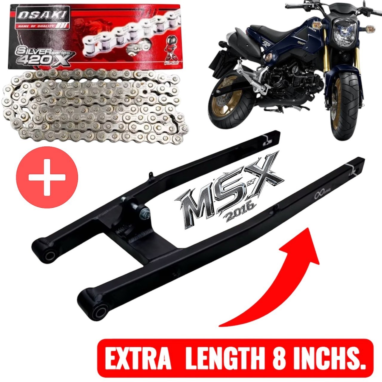 8″ Extra Swing Arm Black & Chain 420-132 Links For HONDA GROM125 GROM 125 MSX125