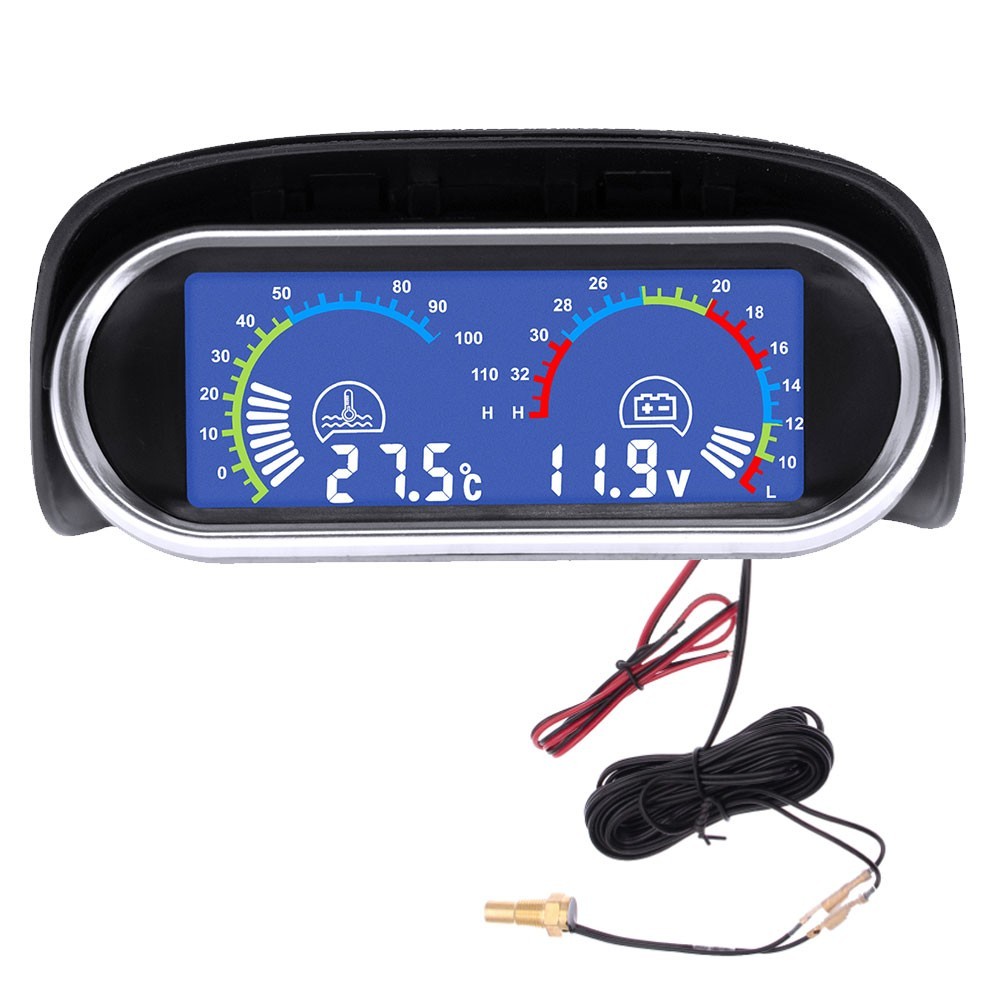 2-In-1 Car Water Temp Temperature Gauge LCD Digital Voltmeter Alarm W-Sensor 1/8