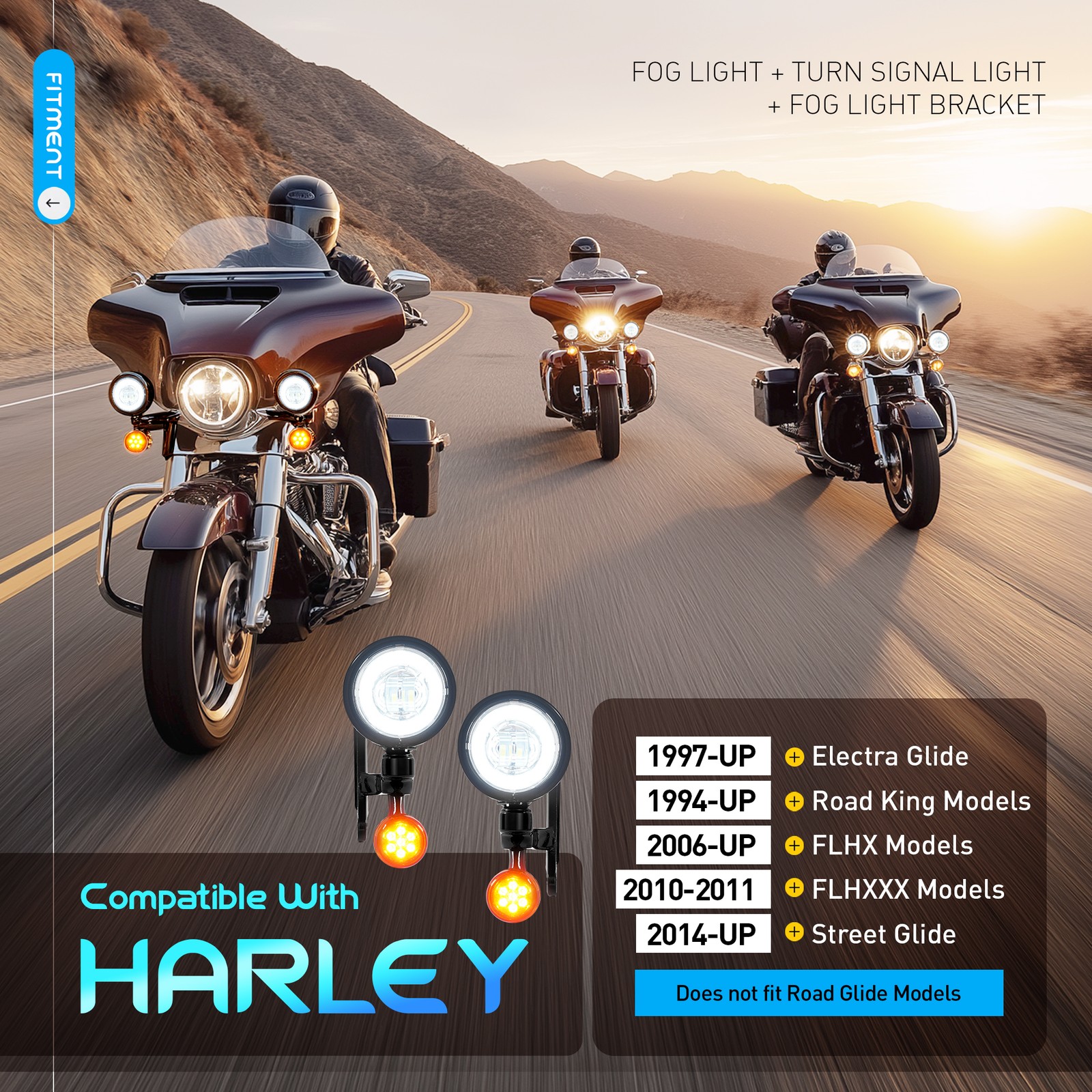 Fog Light Bracket Turn Signal LED For Harley Road King Street Glide 1994-2024