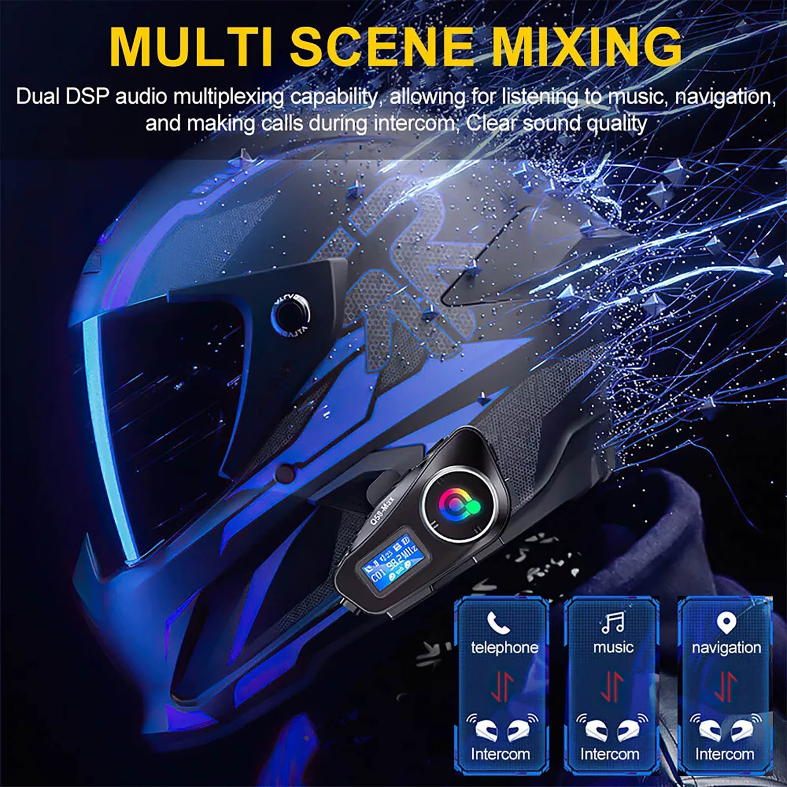 Hi-Fi unit Bluetooth Headset Motorcycle Waterproof Intercom Helmet LCD 1000mAh