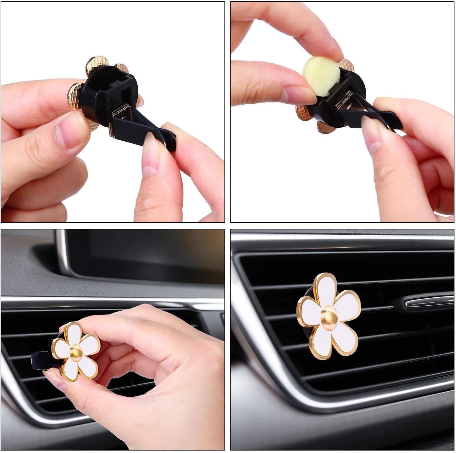 4PCS White Flower Car Air Vent Clips, Includes Fragrance Pads Car Interior
