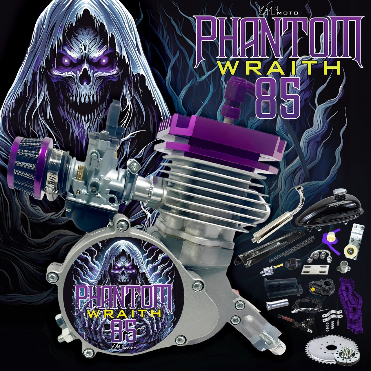 ZTMoto Phantom 85 Wraith – Complete 52mm Bore 2 Stroke Motorized Bicycle Engine