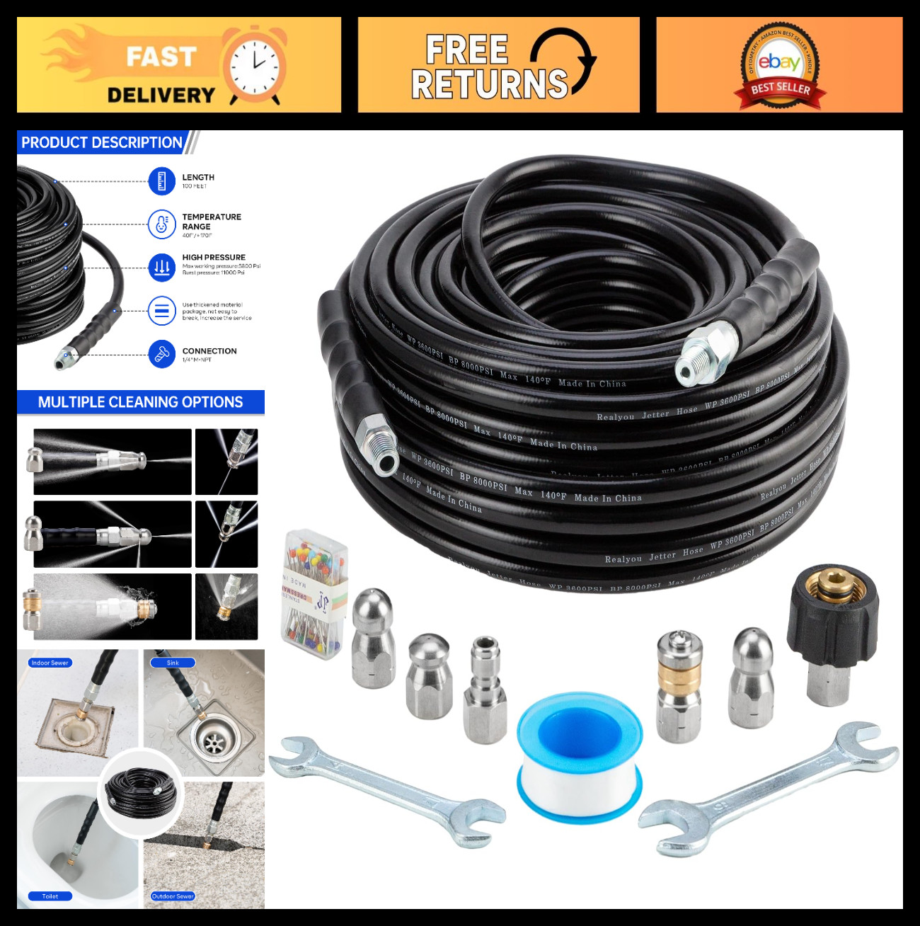 100FT Sewer Jetter Kit for Pressure Washer, 5800PSI Hose, Rotating Nozzles & Acc