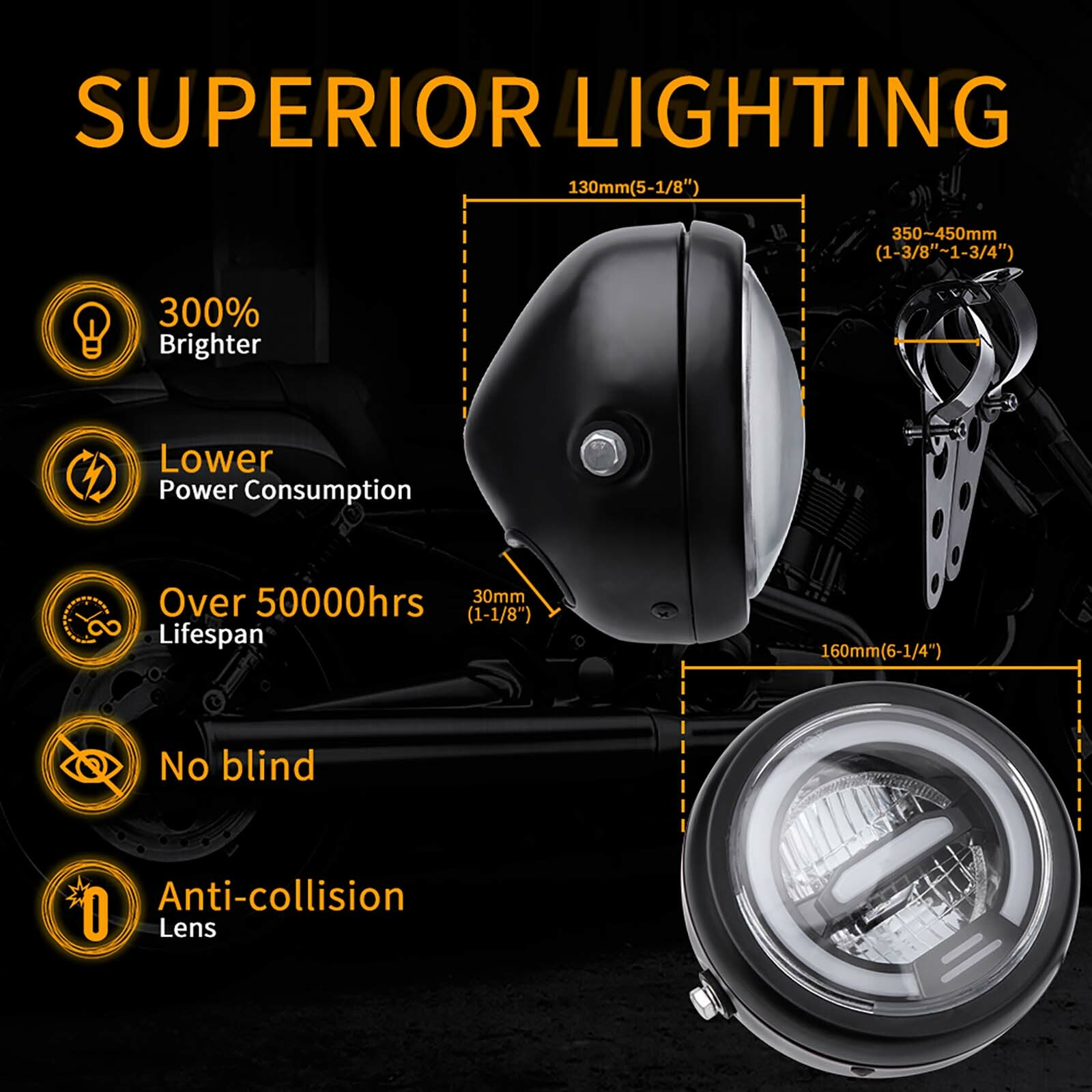 LED Motorcycle Round Headlight Hi/Lo DRL Yellow Light +Clamps For Coleman B200R