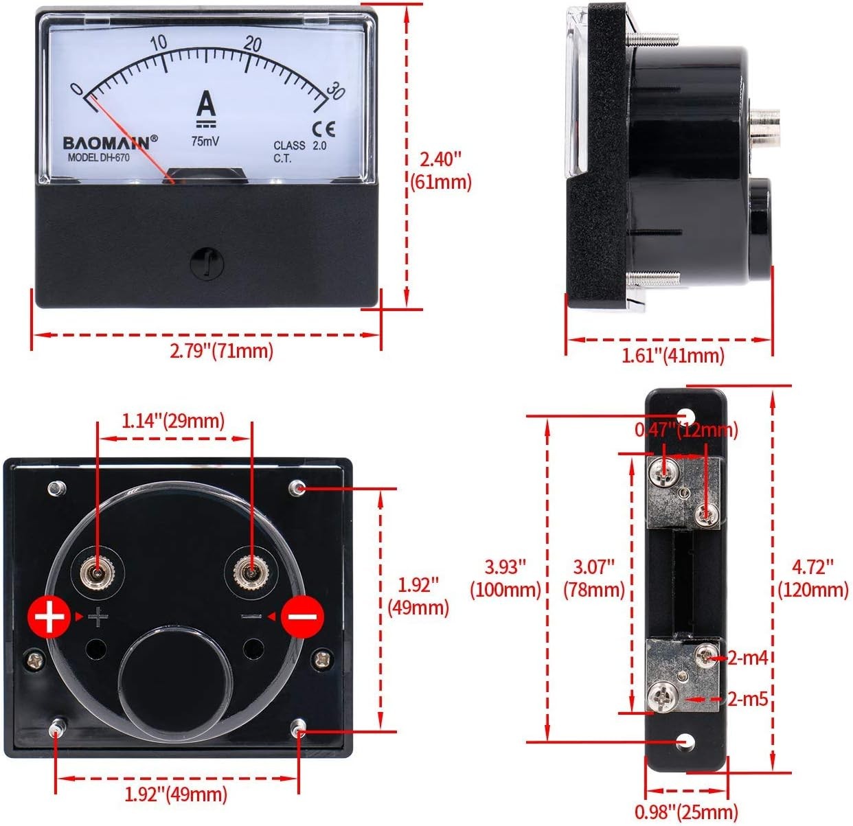DH-670 30A Analog Panel Ammeter DC 0-30A 75mV External ShuntSize: DC 30A