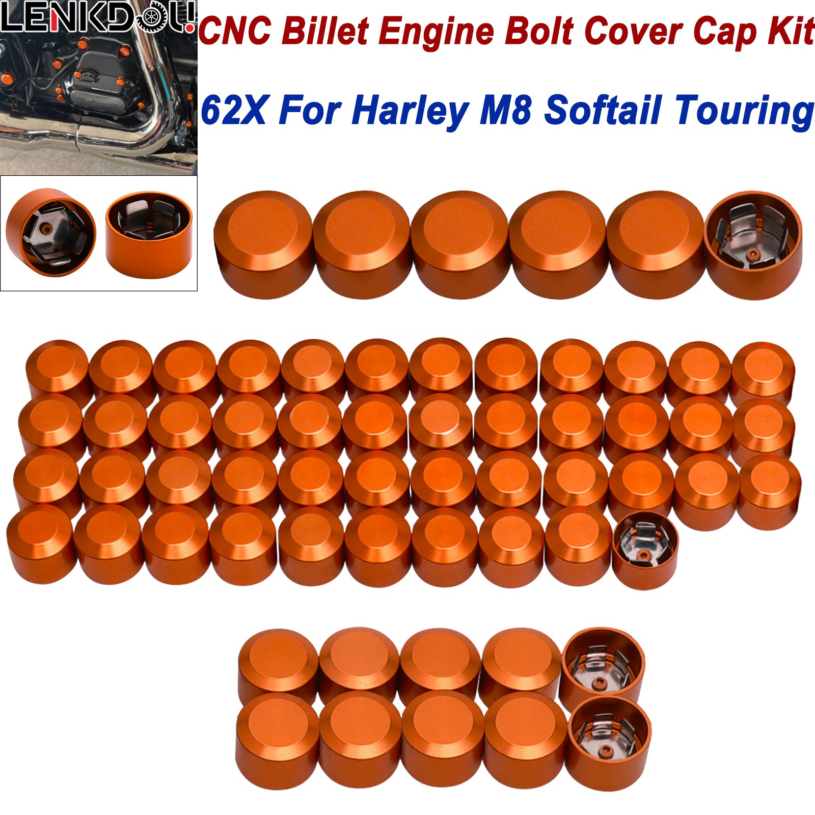 62X M8 Engine Bolt Topper Cap Cover Kit Orange For Harley Road Glide 17+ Softail