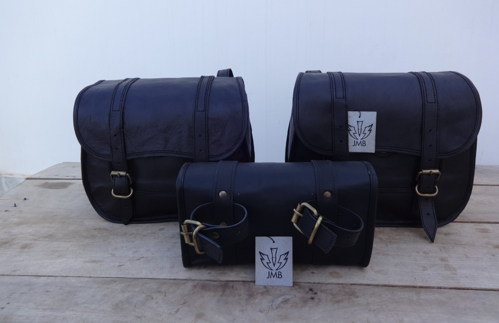Motorcycle Leather Pouch Panniers Black Side Saddle Bag Saddlebags Bags Tool 3