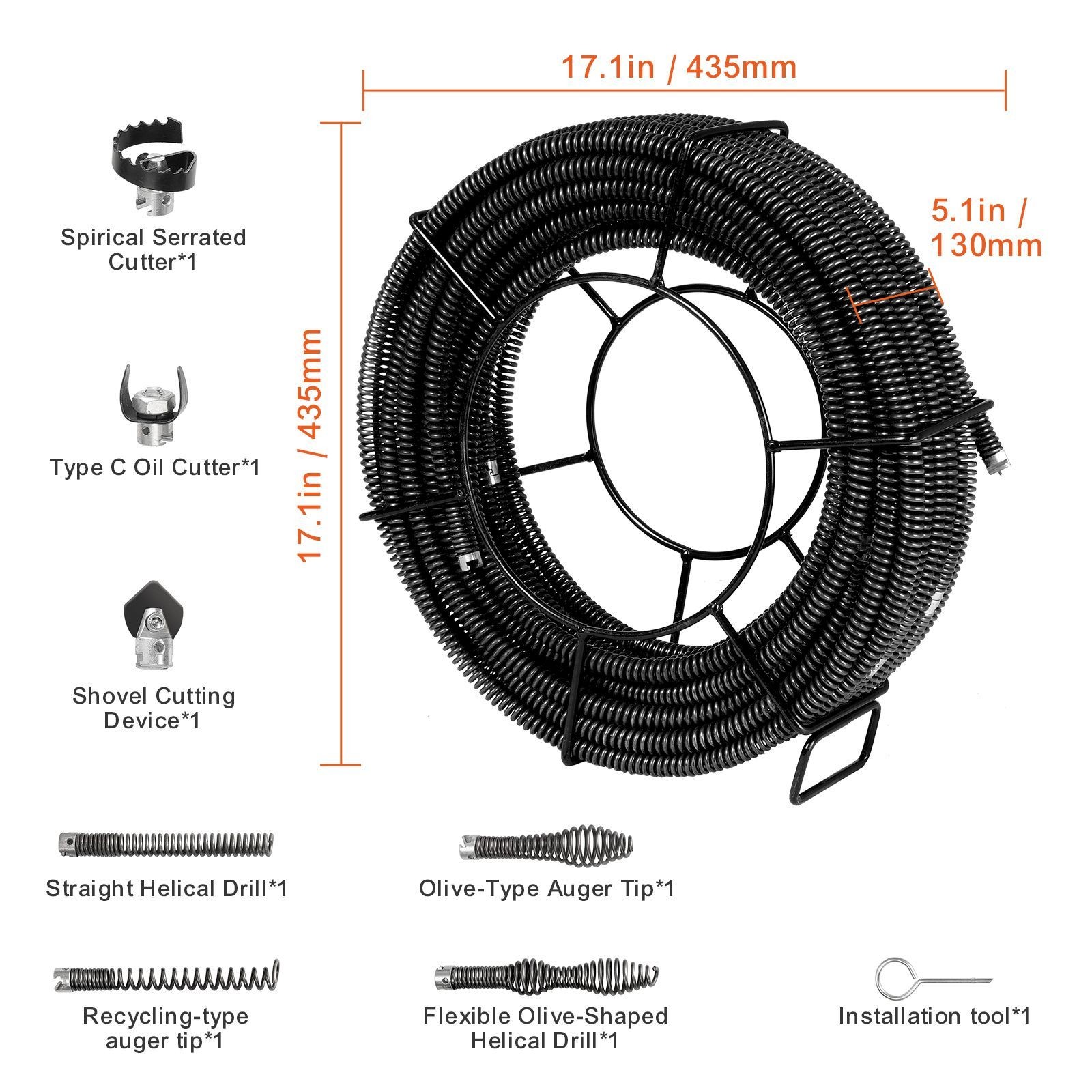 Hollow Core 100FT 5/8in Sectional Drain Cable 7 Cutters for 0.8-3.9in