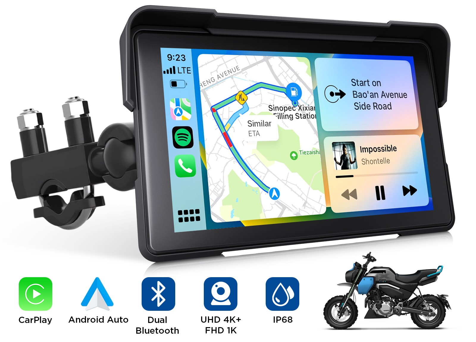 Eonon P6 Motorcycle Navigator Moto Wireless CarPlay Android Auto 4K Dual Camera