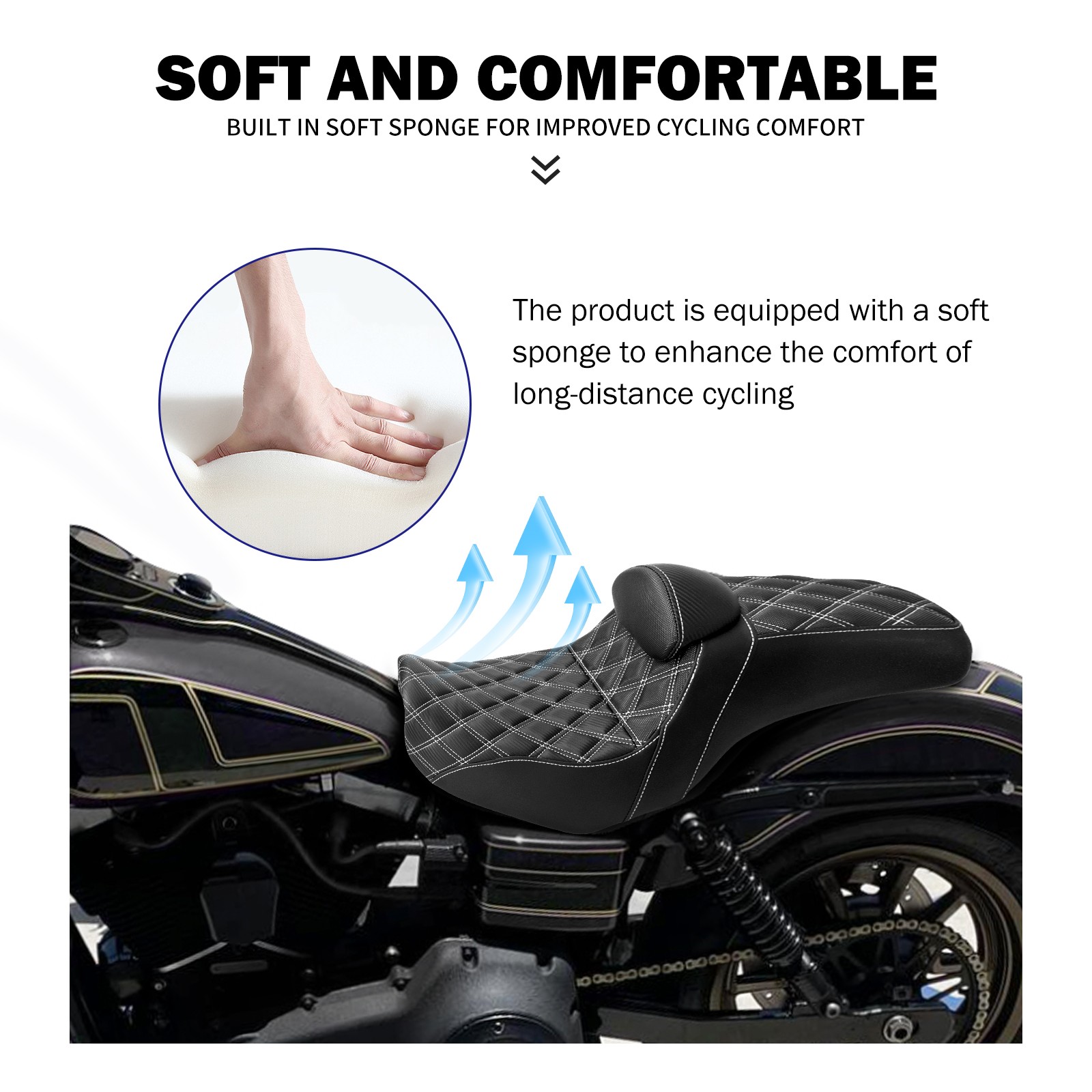 White Stitching Two-Up Black Seat W/ Driver Backrest Fit For Harley Dyna 2006-17