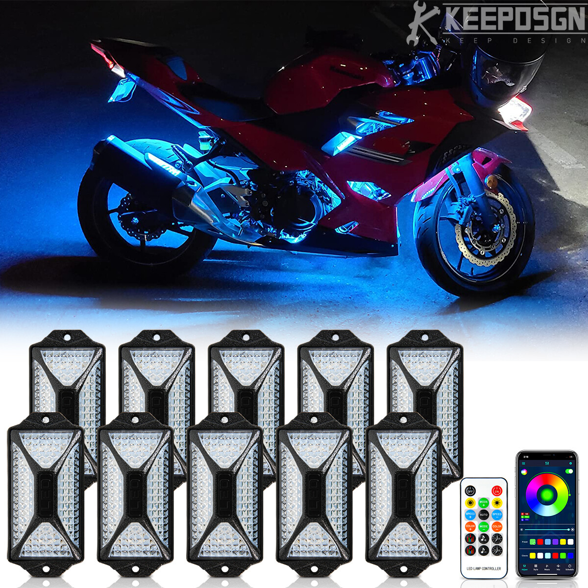For Kawasaki Ninja 650 400 300 250 ZX-10R 10PCS RGB LED Rock Light Underglow Kit