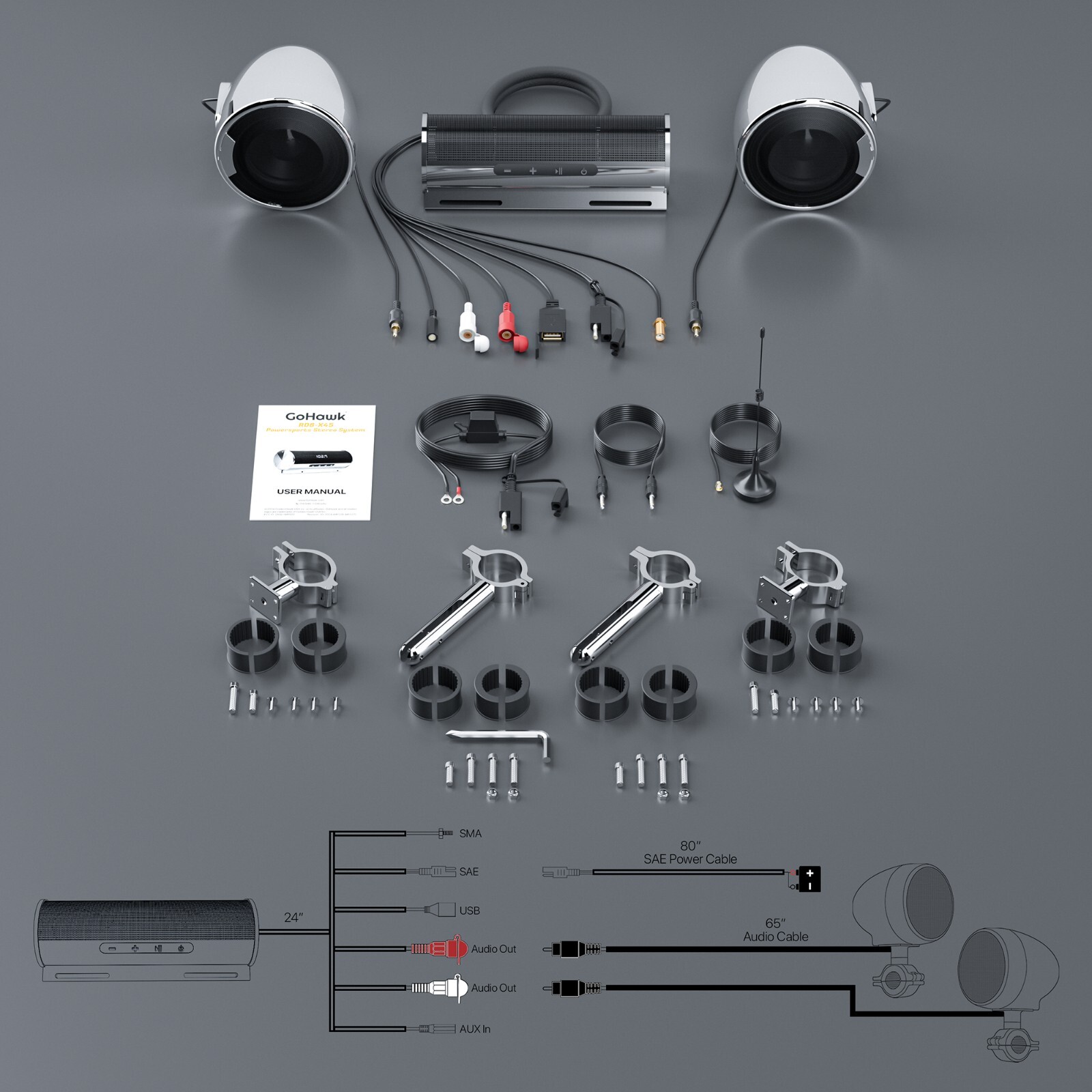Waterproof Motorcycle Stereo 4 Speakers Audio System Bluetooth Amp Radio Chrome